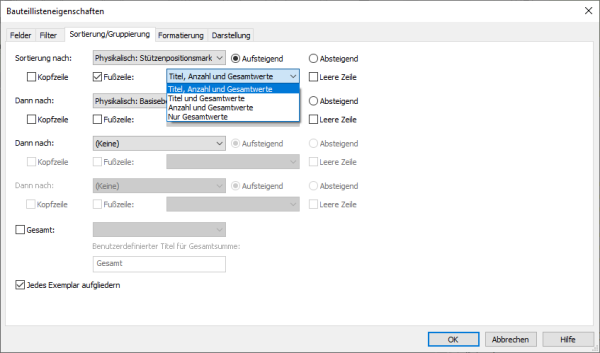 Bauteilliste Sortierung